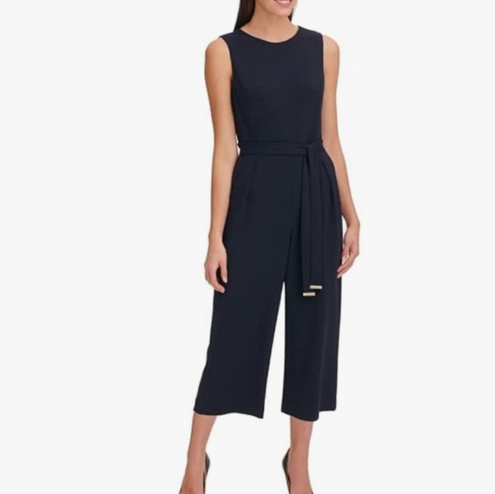 Calvin‎ Klein Jumpsuit Sleeveless Cropped Wide Leg Belted Black